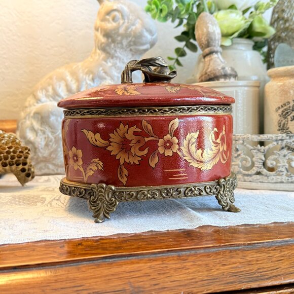 Large Vintage Porcelain and Brass Oval Trinket Box in Rust and Gold - Picture 12 of 17